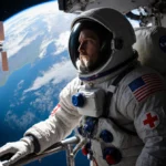 Astronaut in NASA spacesuit gazes at Earth from space station with medical bag and orbiting spacecraft visible