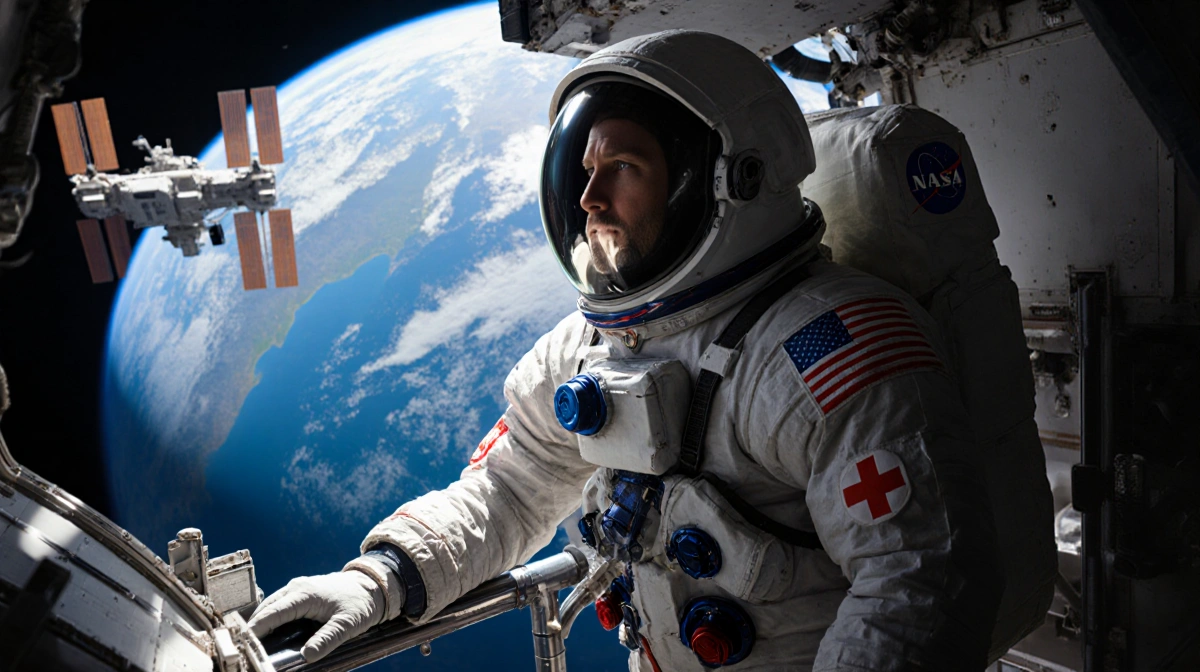 Astronaut in NASA spacesuit gazes at Earth from space station with medical bag and orbiting spacecraft visible