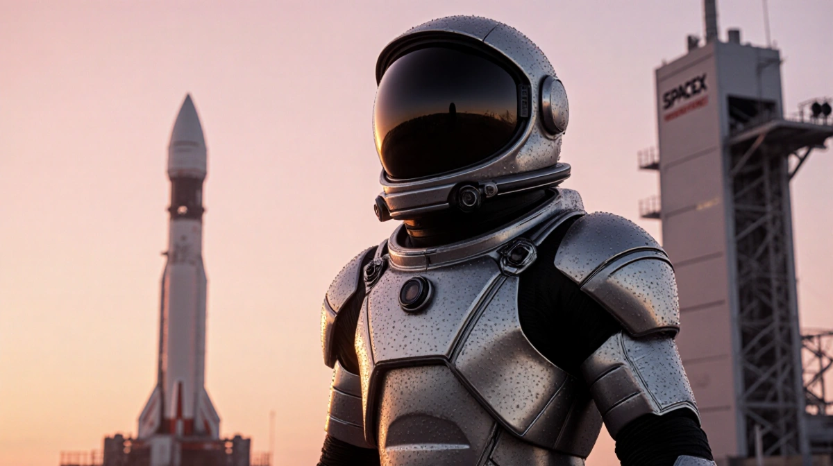 Astronaut in futuristic space armor stands at SpaceX launch pad with rocket silhouette and sunrise reflecting on metallic sur