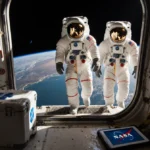 Astronauts in white spacesuits walk toward a silver spacecraft with a U.S. flag while Earth rises behind them