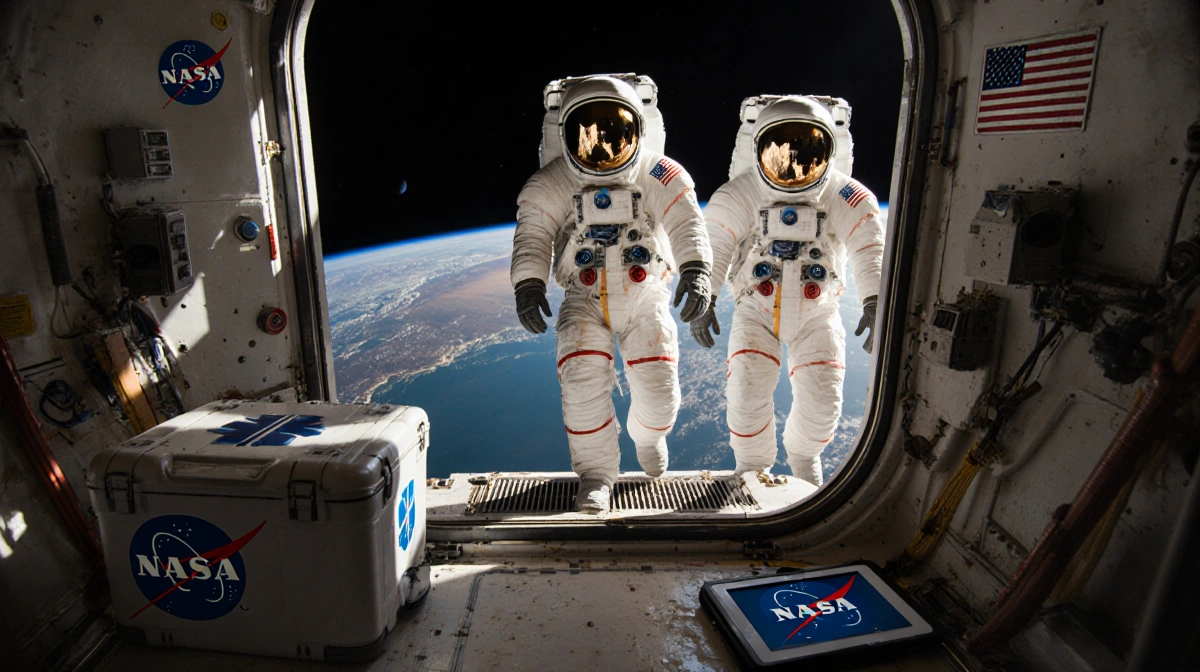 Astronauts in white spacesuits walk toward a silver spacecraft with a U.S. flag while Earth rises behind them