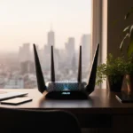 Asus RT-BE58U router sits on dark wood desk with laptop and greenery creating cozy home office workspace