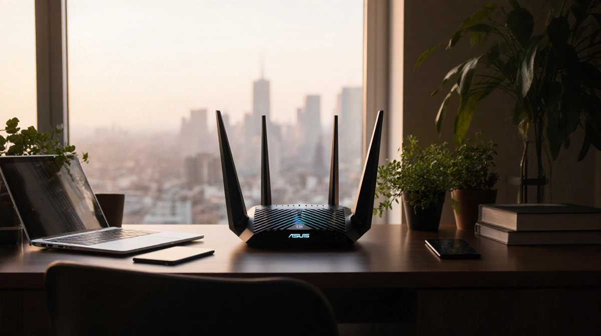 Asus RT-BE58U router sits on dark wood desk with laptop and greenery creating cozy home office workspace