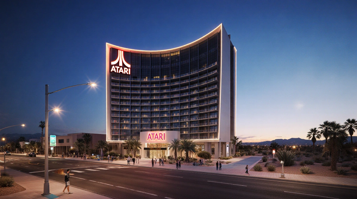 Modern Phoenix hotel rises with glowing Atari sign and rooftop pool as dusk lights the desert sky