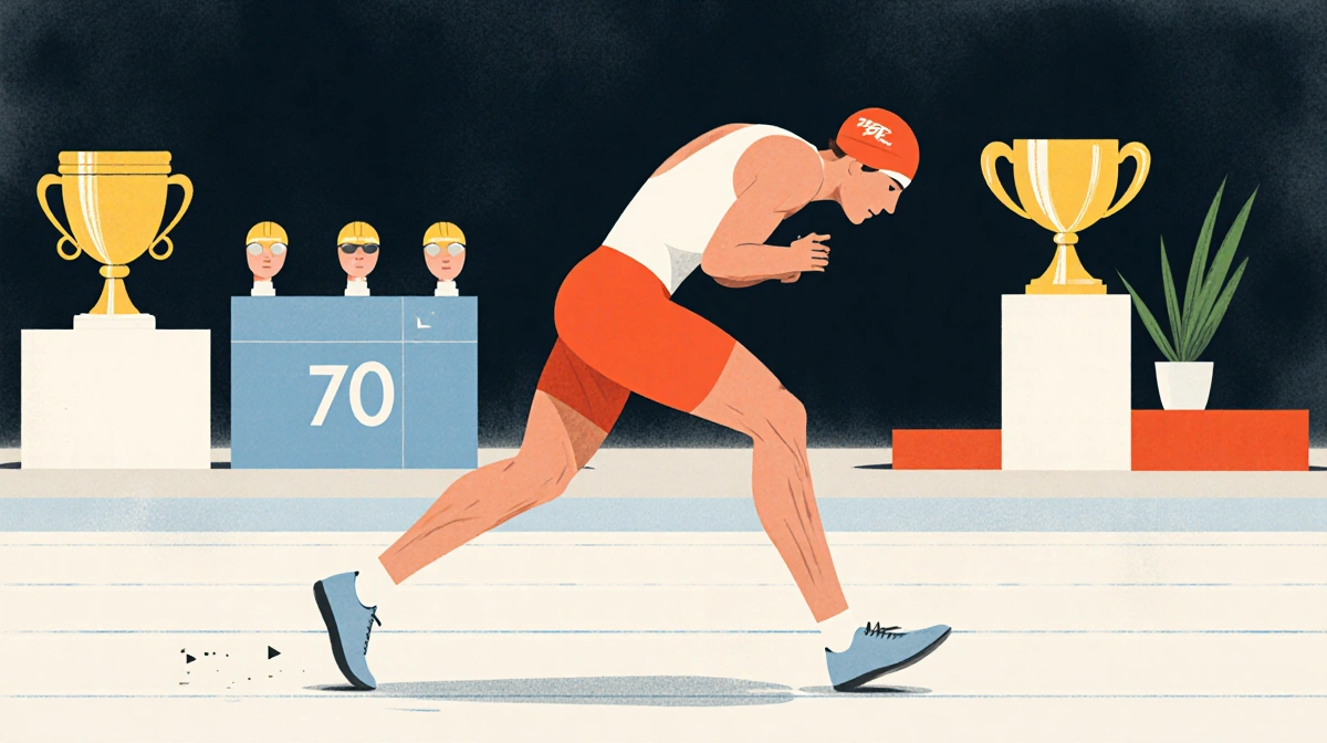 Athlete sprinting with focused expression and blurred podium in background