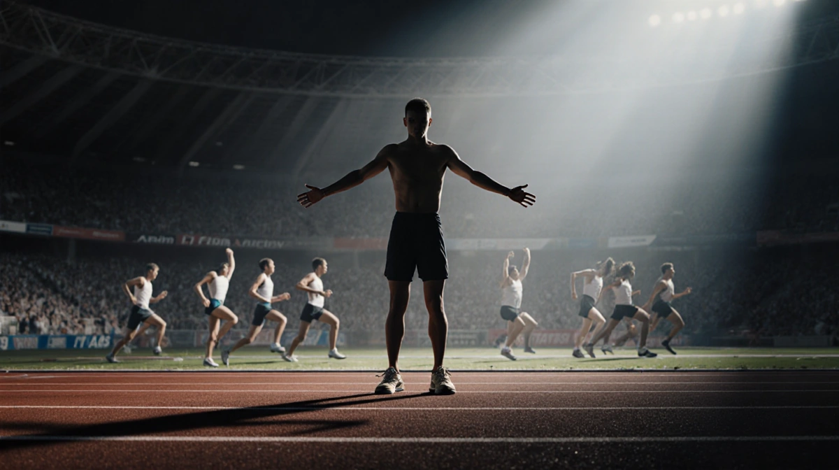 Athlete stands with arms outstretched at track with spotlight shining and blurred finish line celebrations behind