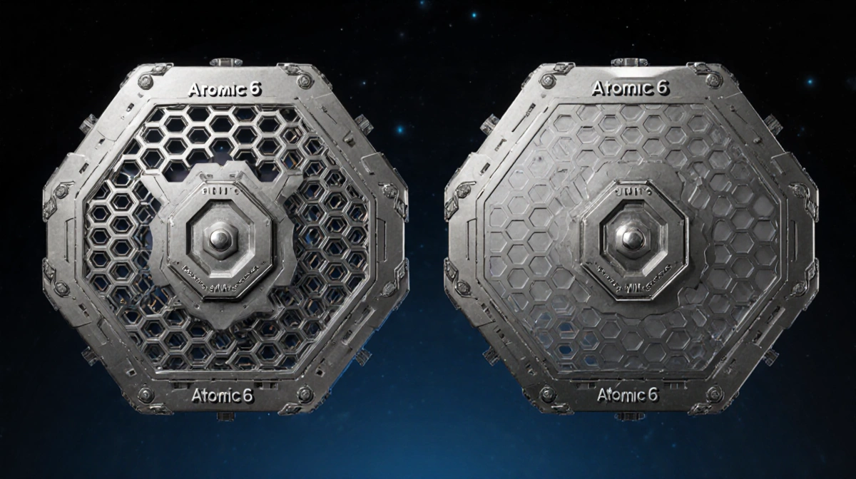 Two metallic armor tiles float side by side with Atomic-6 logo and geometric patterns against deep blue space background
