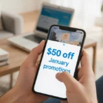 Young adult checks smartphone with $50 off AT&T promotion while relaxing at home with laptop and books nearby
