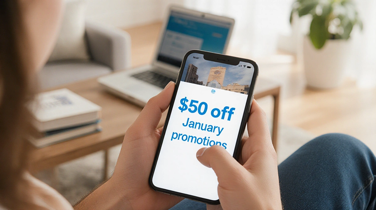 Young adult checks smartphone with $50 off AT&T promotion while relaxing at home with laptop and books nearby