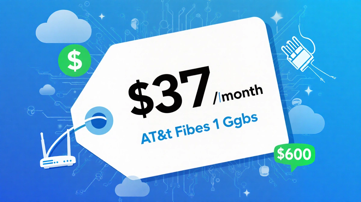 Large $37 price tag for AT&T Fiber internet with $600 savings icons and network cables on modern background