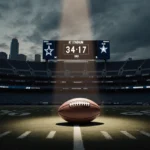 Abandoned football lies on field with scoreboard reading 34-17 and Dallas skyline in clouds