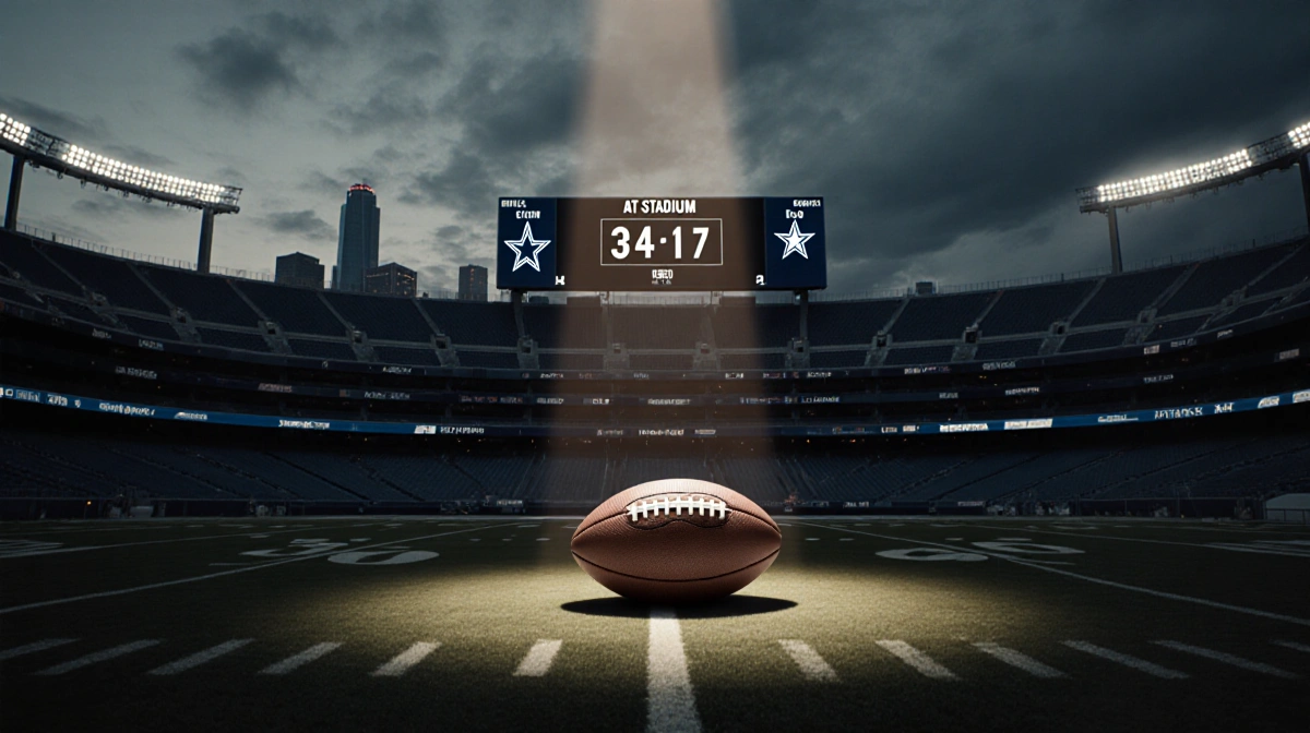 Abandoned football lies on field with scoreboard reading 34-17 and Dallas skyline in clouds