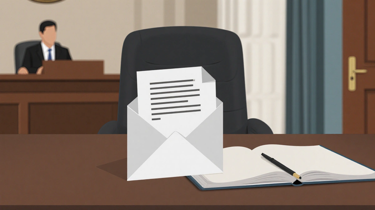 Lawyer's desk holds sealed folder with courtroom doors blurred behind