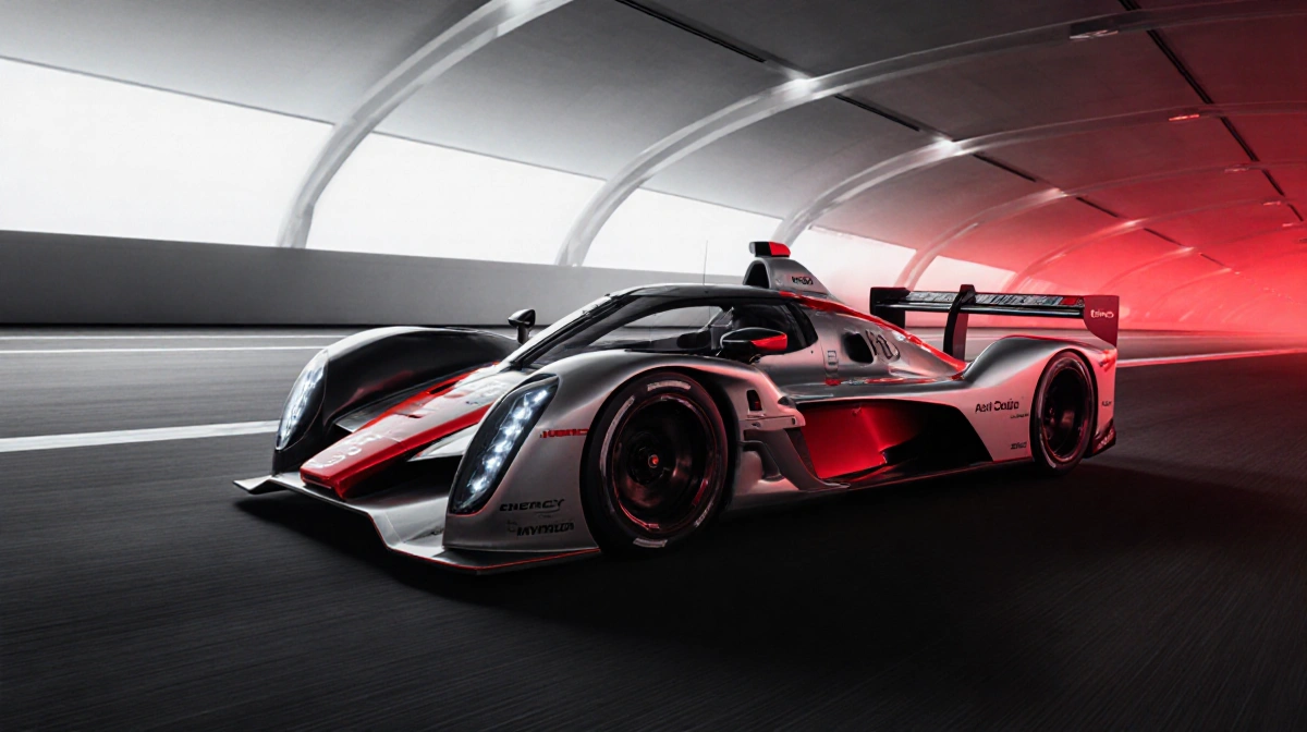 Futuristic Audi R26 race car speeding through geometric track with red and silver livery and LED lighting