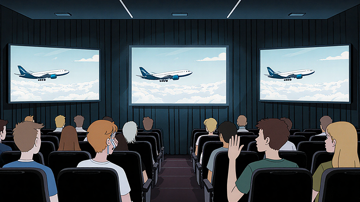 Spectators watching plane animation on screens with a tearful attendee wiping tears and a shocked bystander in a sparsely fil