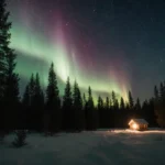 Aurora Borealis illuminates snowy forest with glowing evergreen silhouettes and distant dim cabin.