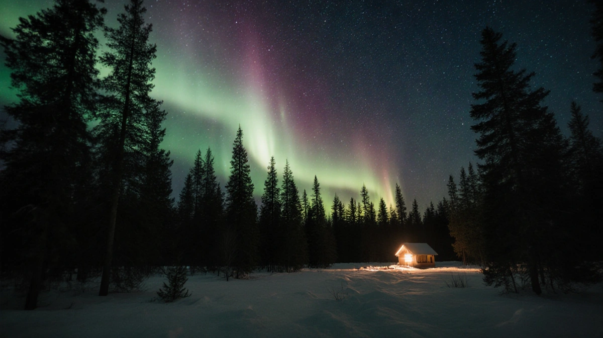 Aurora Borealis illuminates snowy forest with glowing evergreen silhouettes and distant dim cabin.