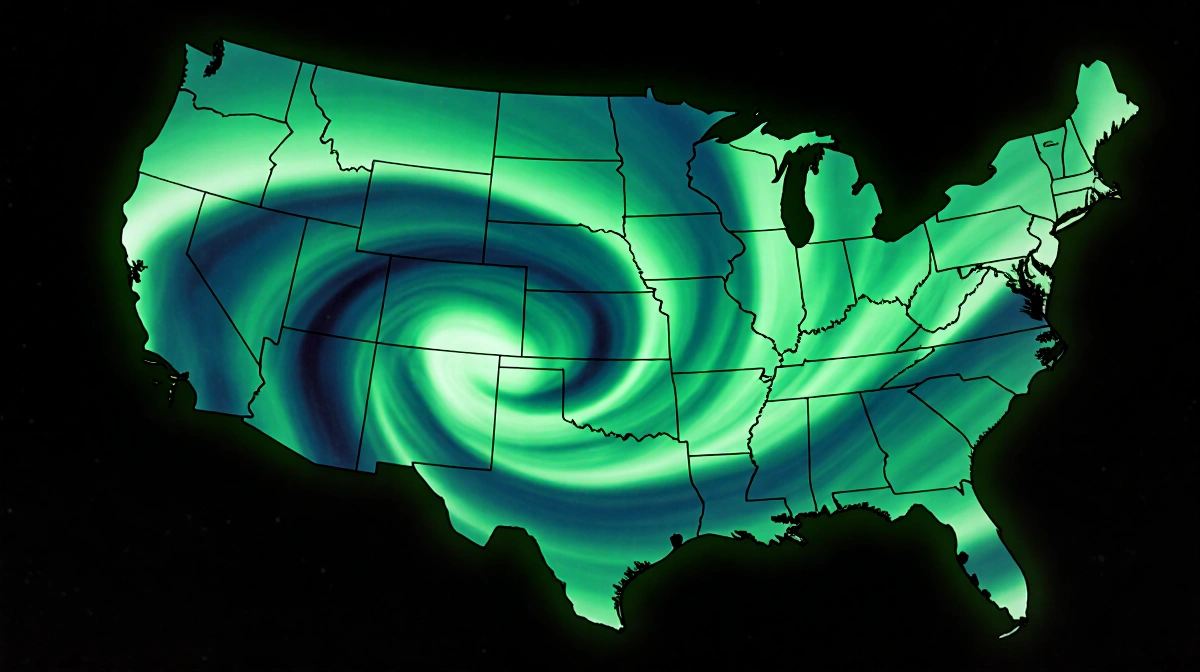 Aurora lights shimmering over the US map with green and blue glow highlighting Alaska and surrounding states