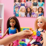 Girl assembling inclusive Barbie dolls with disabilities and sensory toys in bright playroom with diverse doll collage on wal