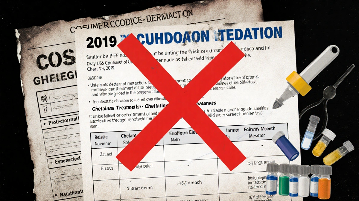 Child's medical file marked with red X shows outdated 2019 autism guidelines replaced by chelation vials and equipment