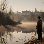 Ranger standing at lake edge gazing at reflection with autumn leaves and misty road.