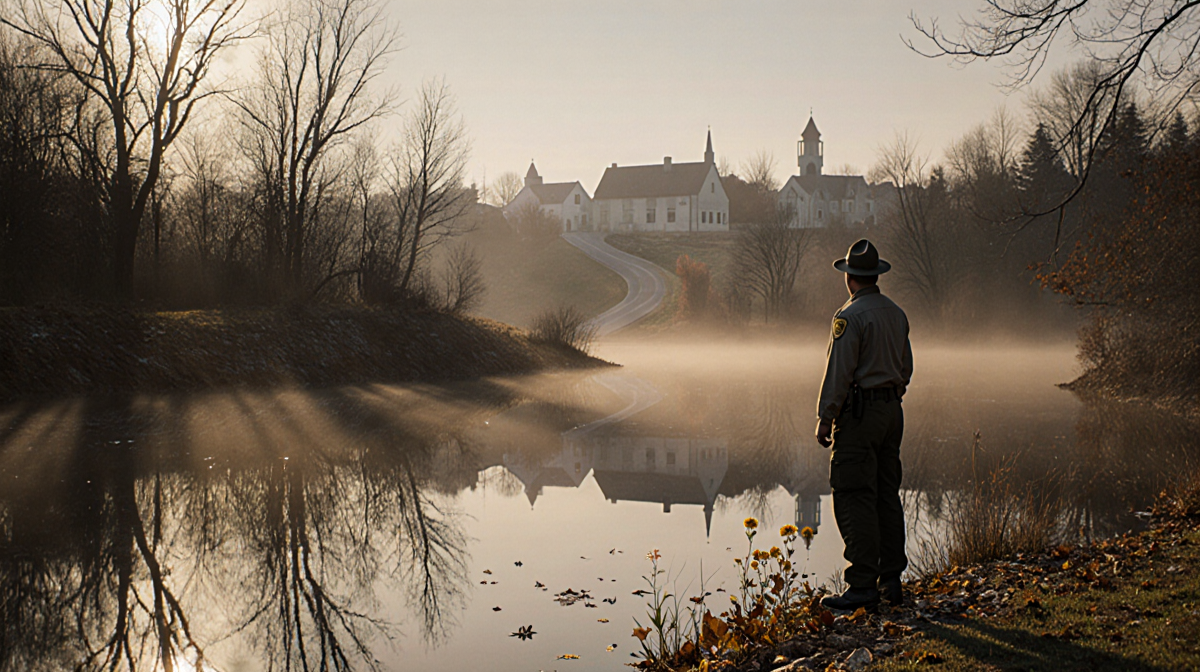 Ranger standing at lake edge gazing at reflection with autumn leaves and misty road.