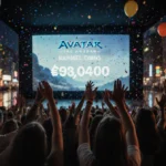 Crowded movie theater cheering Avatar box office numbers with confetti and balloons floating overhead