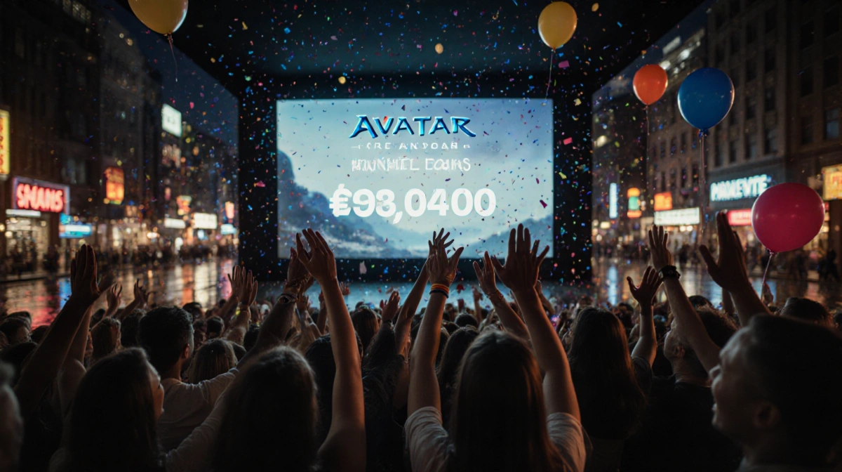Crowded movie theater cheering Avatar box office numbers with confetti and balloons floating overhead
