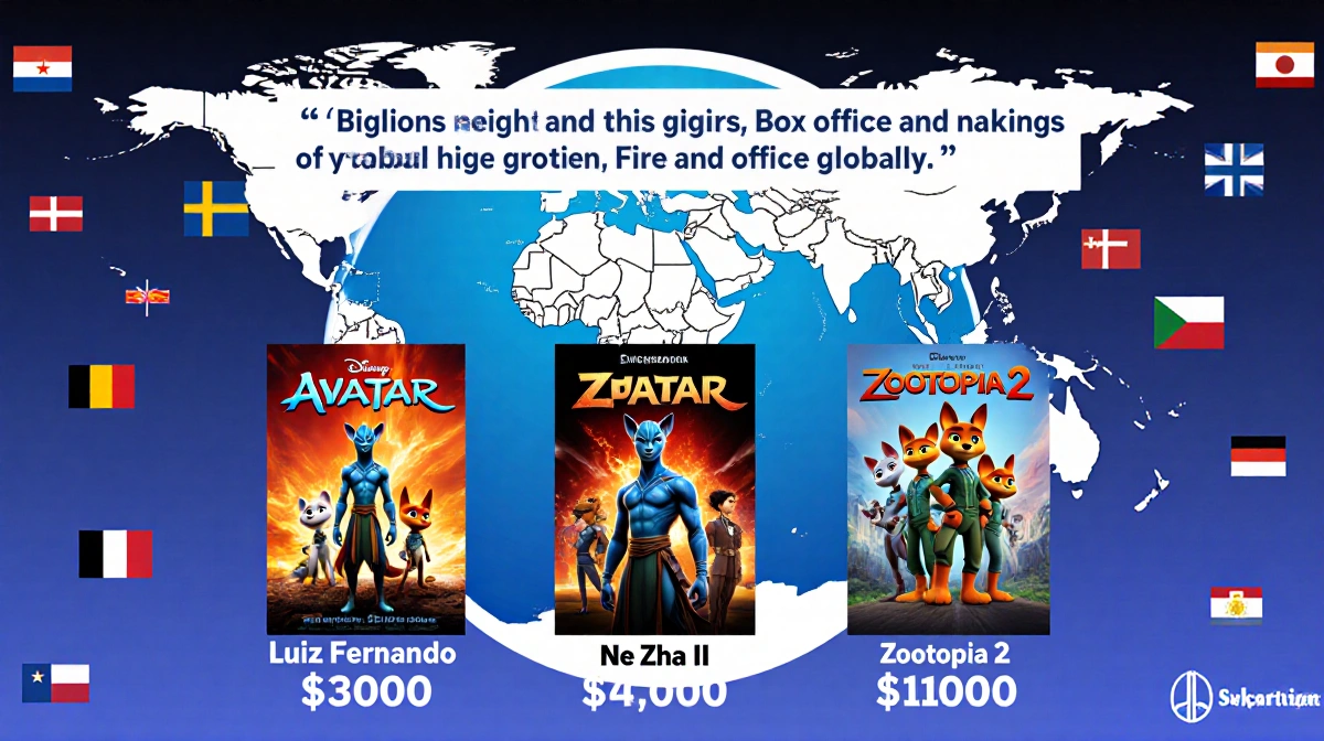 Avatar Fire and Ash tops global box office rankings with world map and country flags showing billions in revenue