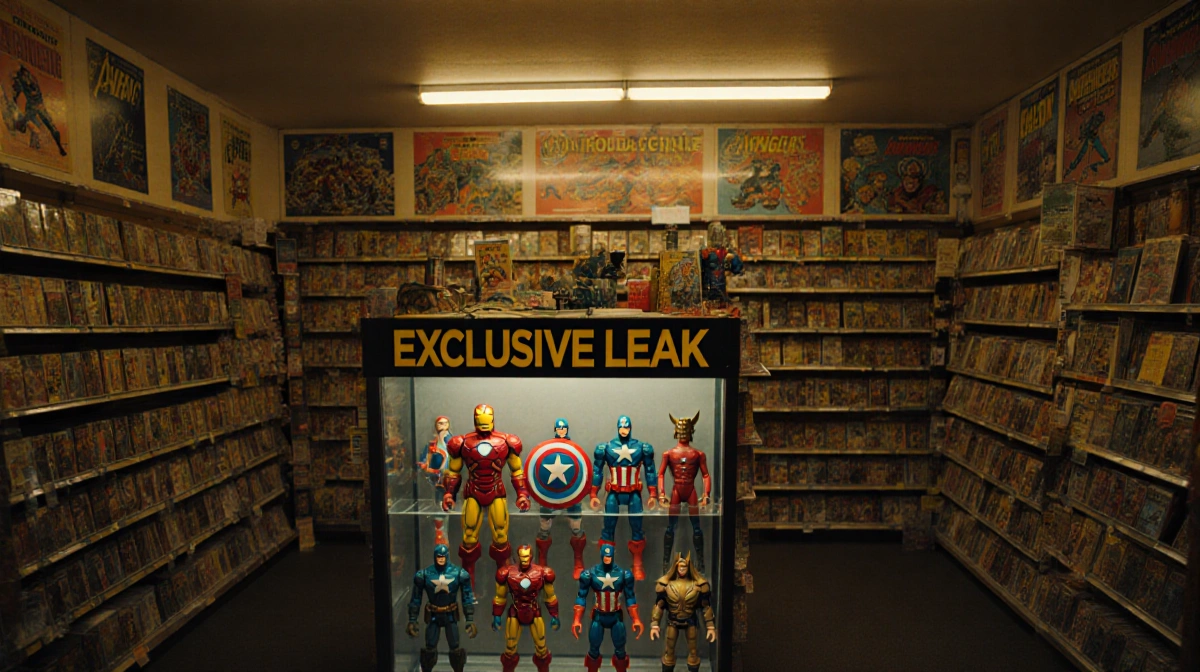 Comic book fans browse crowded store with Avengers merchandise and exclusive leak banner above vintage action figures