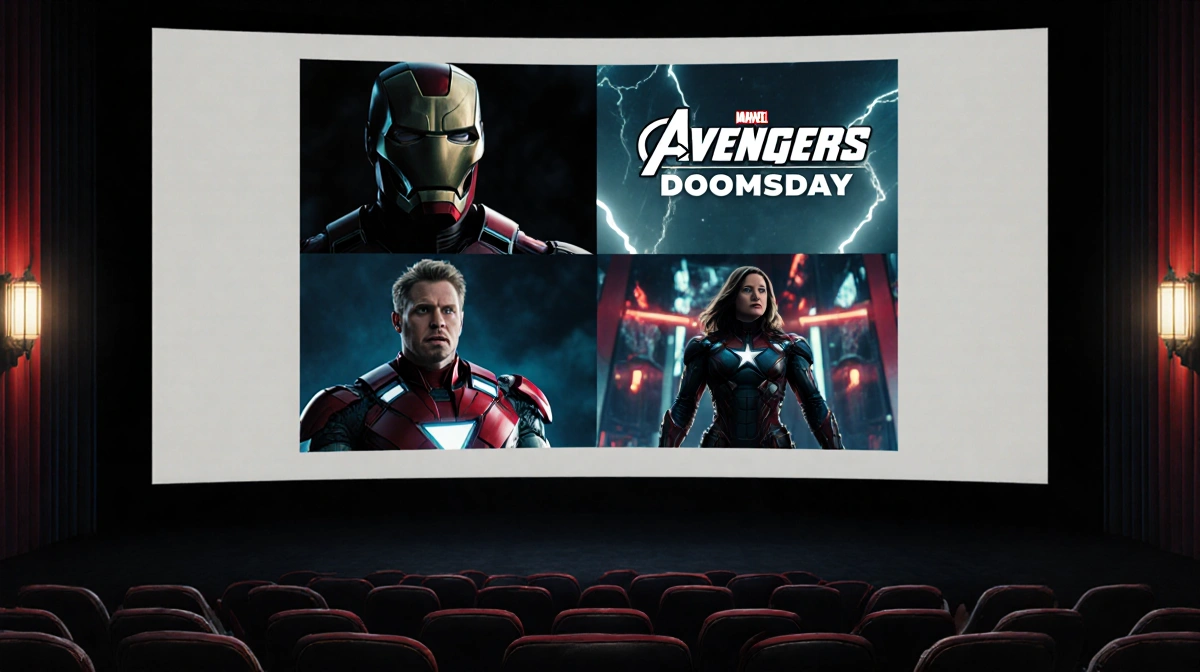 Marvel superhero reacting on cinema screen with Dr Doom silhouette in darkened theater lobby