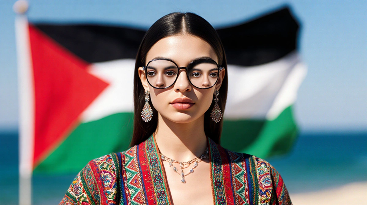 Aydan standing before a colorful Palestinian flag with Middle Eastern textiles and reflected faces in her eyes