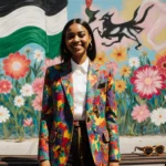 Aydan Nix smiles with activism as a street art mural of Palestinian flags and fashion graphics fills East Village