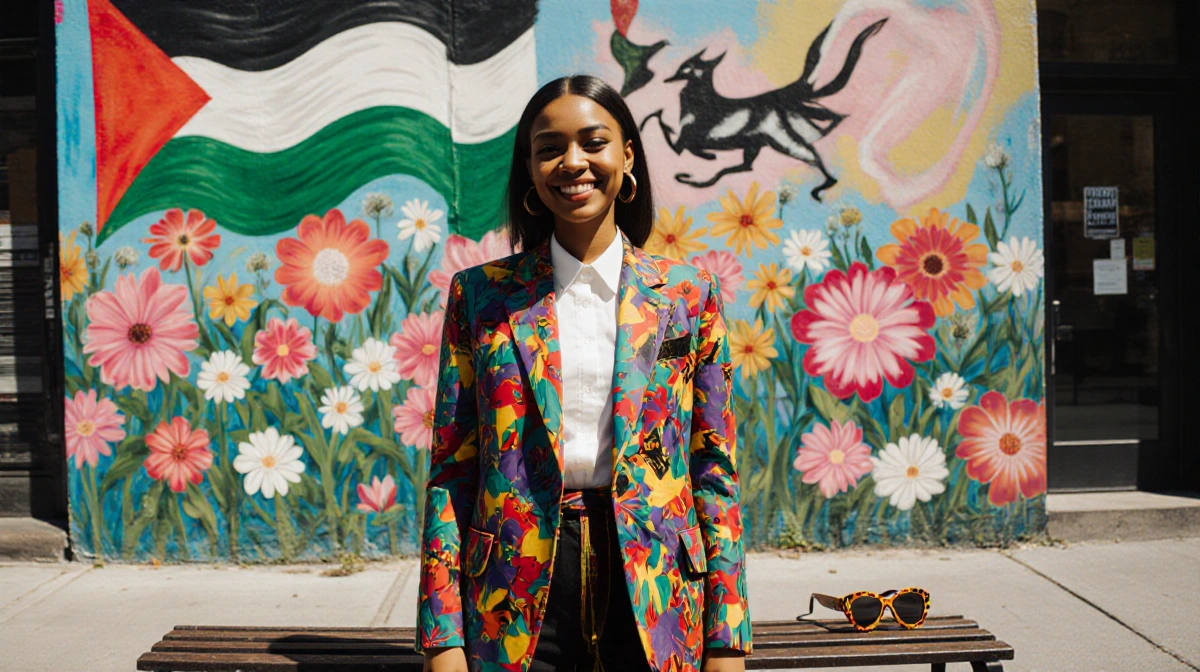 Aydan Nix smiles with activism as a street art mural of Palestinian flags and fashion graphics fills East Village