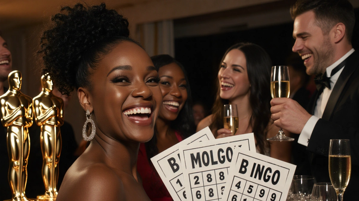 Ayo Edebiri laughing with Golden Globe statuettes and champagne while holding Bingo cards with co-stars celebrating