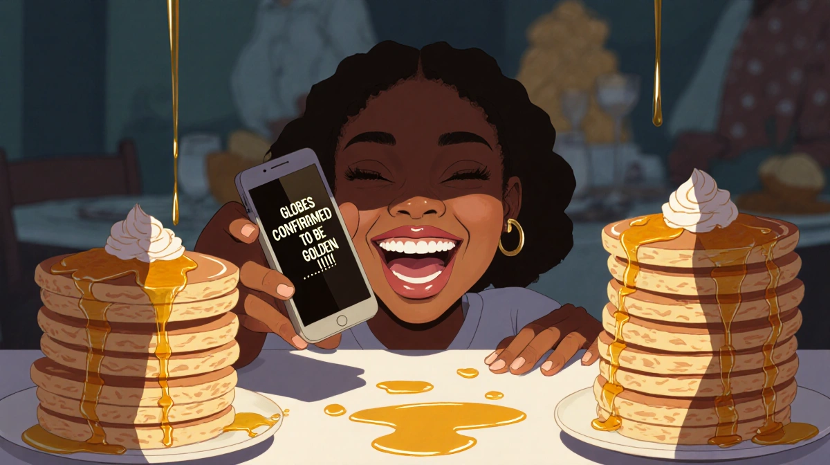 Ayo Edebiri celebrating with pancakes and syrup while holding phone showing Golden Globes confirmation