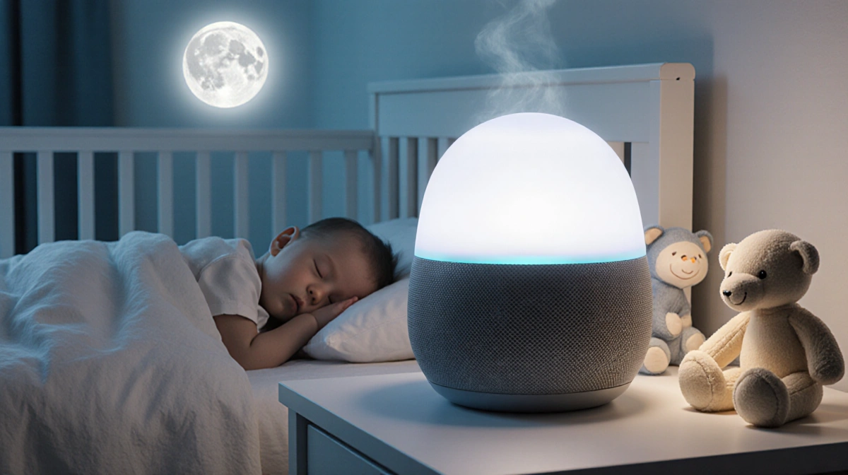 Sound machine glows softly on nightstand with sleeping baby in crib and moonlit toys nearby