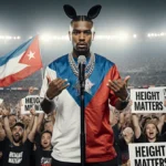 Bad Bunny performs at microphone with fans holding Height Matters signs and Puerto Rican flag waving behind