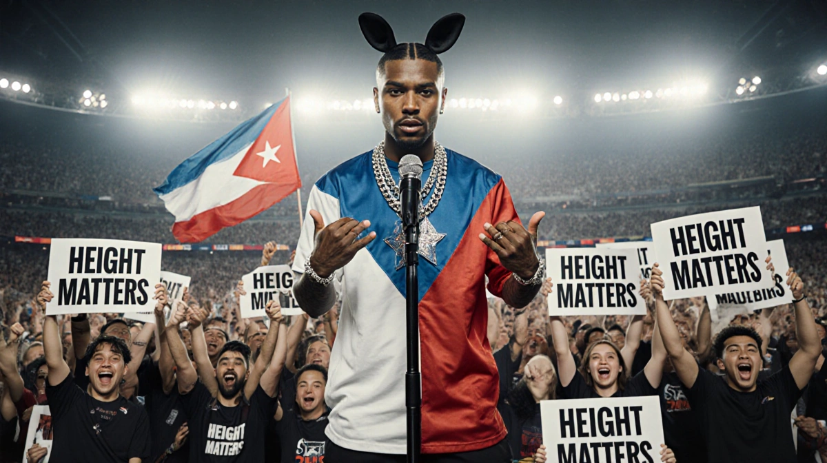 Bad Bunny performs at microphone with fans holding Height Matters signs and Puerto Rican flag waving behind