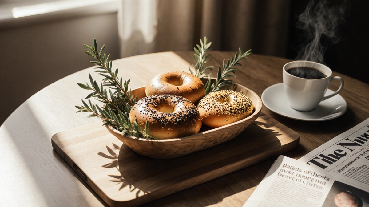 Fresh bagels arranged in wooden basket with steaming coffee and newspaper on breakfast table