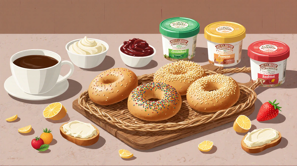 Breakfast table with wicker basket of assorted bagels and cream cheese jars with fresh fruit and coffee nearby