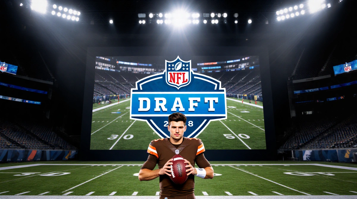 Baker Mayfield holds football on draft stage with 2018 NFL Draft logo and first overall pick text behind him