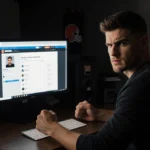 Baker Mayfield sitting at desk with clenched fists showing frustration while Twitter notification appears on computer screen