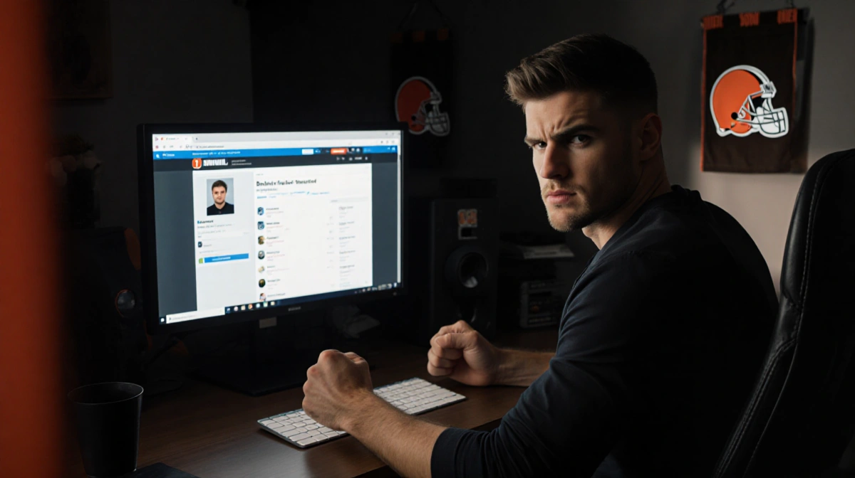 Baker Mayfield sitting at desk with clenched fists showing frustration while Twitter notification appears on computer screen