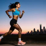 Bal Joshi running toward Dallas skyline at sunrise with determined expression and bright running shoes