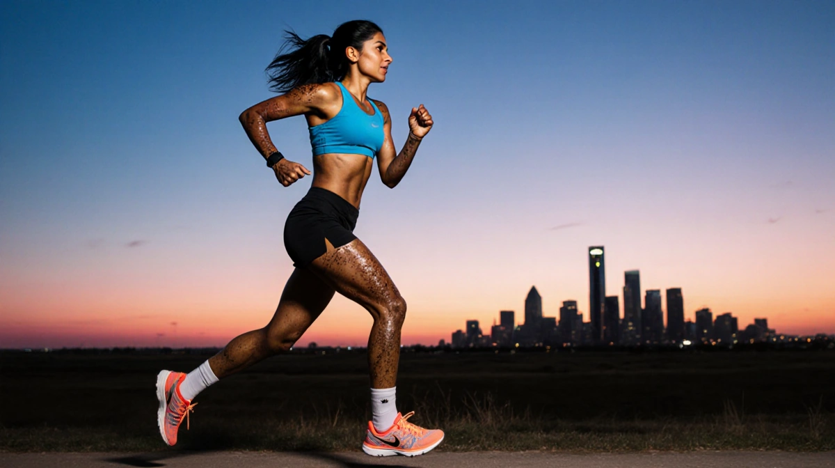 Bal Joshi running toward Dallas skyline at sunrise with determined expression and bright running shoes
