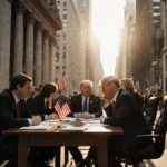 Bank executives huddle around table with scattered papers and American flag while whispering under city skyscrapers