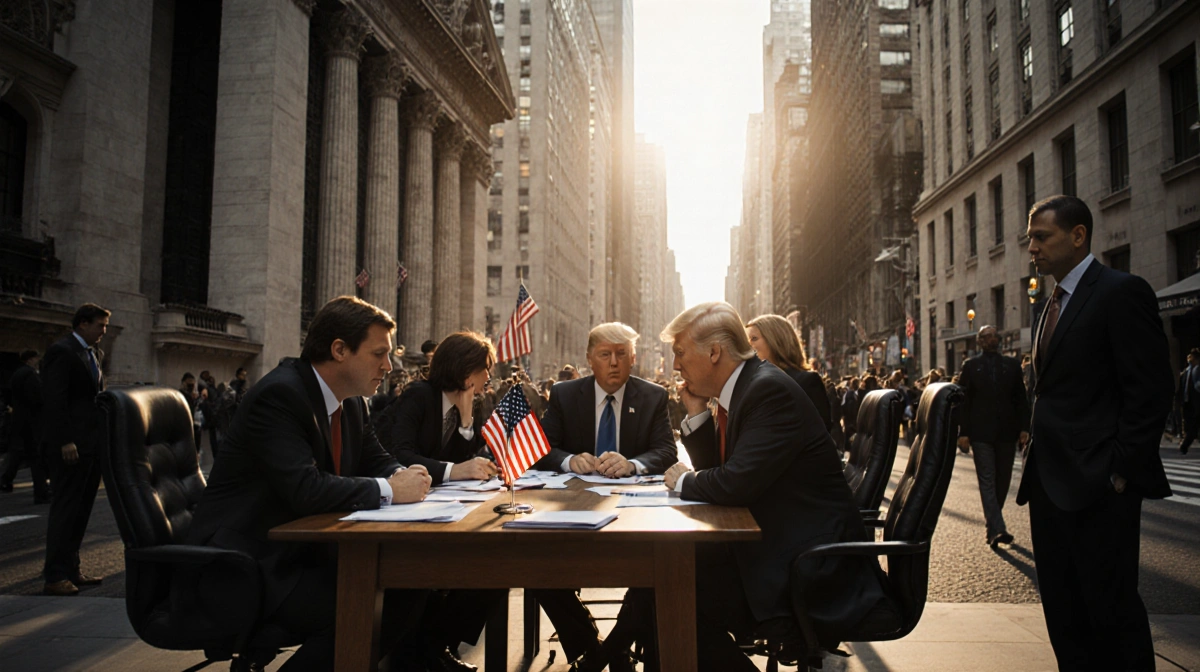 Bank executives huddle around table with scattered papers and American flag while whispering under city skyscrapers
