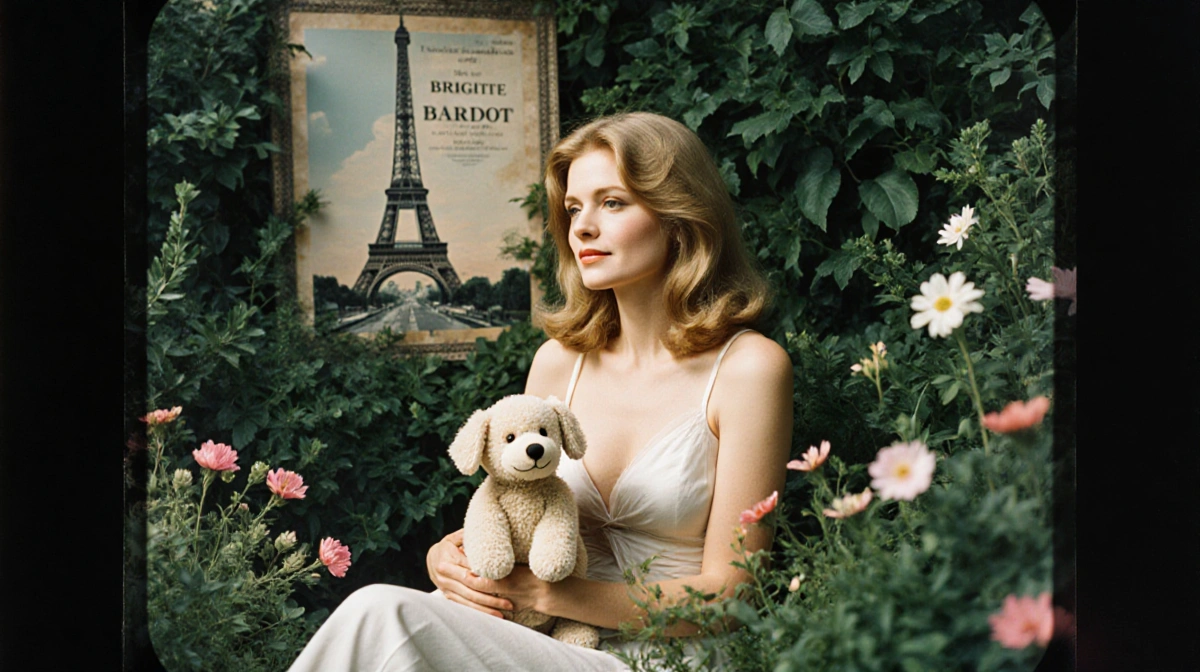 Brigitte Bardot sits holding a stuffed animal with lush greenery and flowers and a subtle Eiffel Tower in background