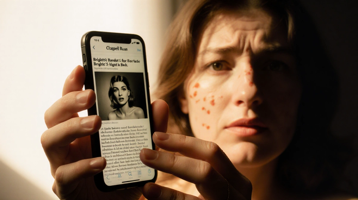 Hands holding a faded photo of Bardot with a smartphone screen showing an article and warm golden light